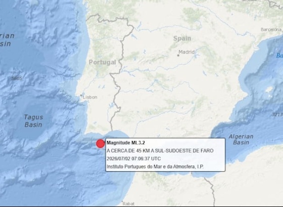 Registado sismo de 3.2 a sul de Faro