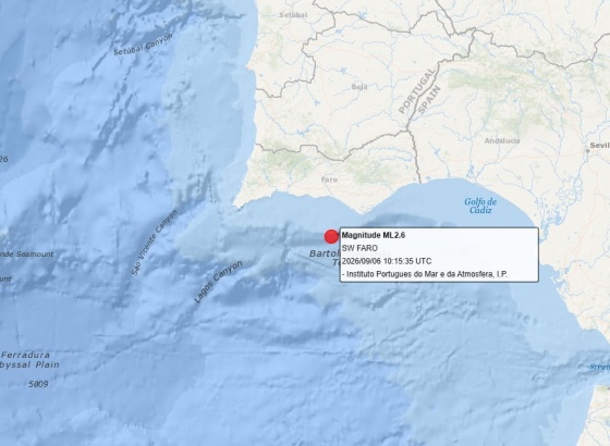 Sismo de magnitude 2,6 registado a sul de Faro