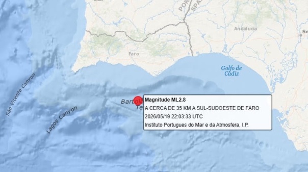 Sismo de magnitude 2,8 registado 35 km a sudoeste de Faro